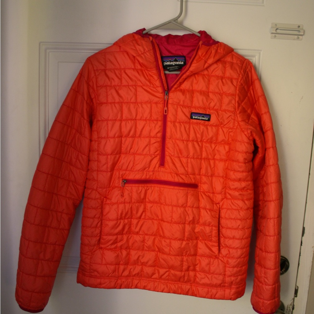 Orange and pink Patagonia pullover puffer coat.